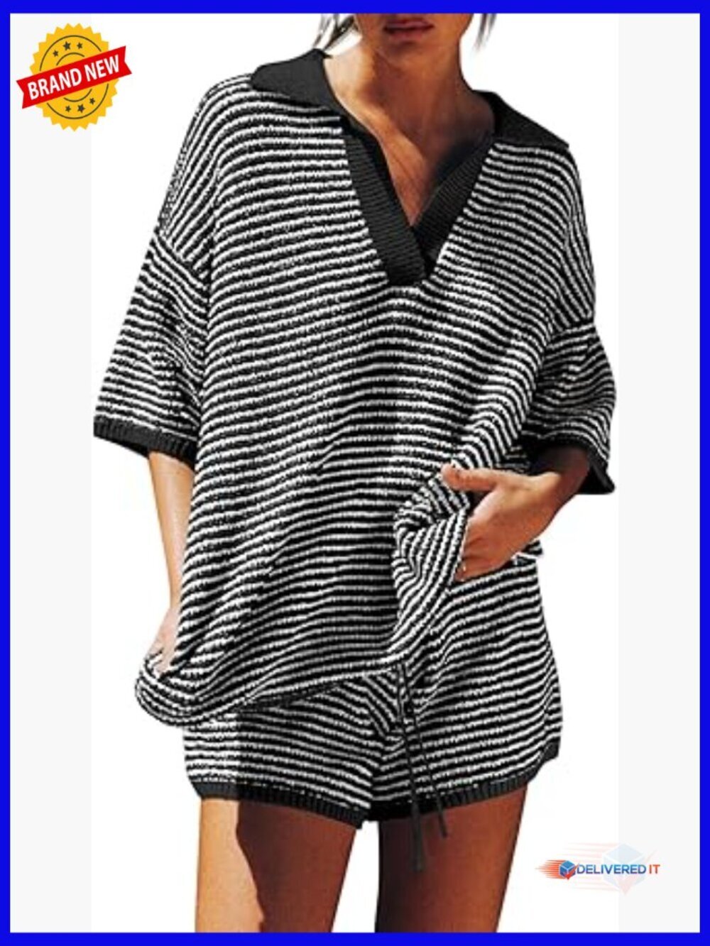 Women's 2 Piece Lounge Set V Neck Knit Top Drawstring Shorts Oversized Casual